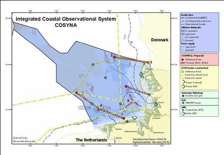 Figure 1: Map the German EEZ with existing network and newly proposed observational stations and transects (COSYNA). Transects of FerryBoxes as well as of gliders and AUV. 1: East Frisian offshore platform; 2: FINO 3, 3: North Frisian observational Pile; 4: FINO 1; 5: AWI Helgoland.