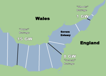 Figure 3: Locations considered for the Severn Estuary Barrage over the years. The black lines indicate the the options that are currently of the most interest, with assosiated peak power at each location.