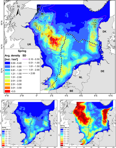 Predicted harbor porpoise densities in the North Sea in spring (Mar.–May). Upper panel: The overlaid contours are associated jackknife standard deviations (SD), whereas the black and white dashed boundary depicts the sampling coverage in spring (concave hull of survey segments; also see Fig. 3). Lower panel: Lower and upper lognormal 90% confidence intervals (Lower 90% CI and Upper 90% CI) for the seasonal density based on the jackknife samples.